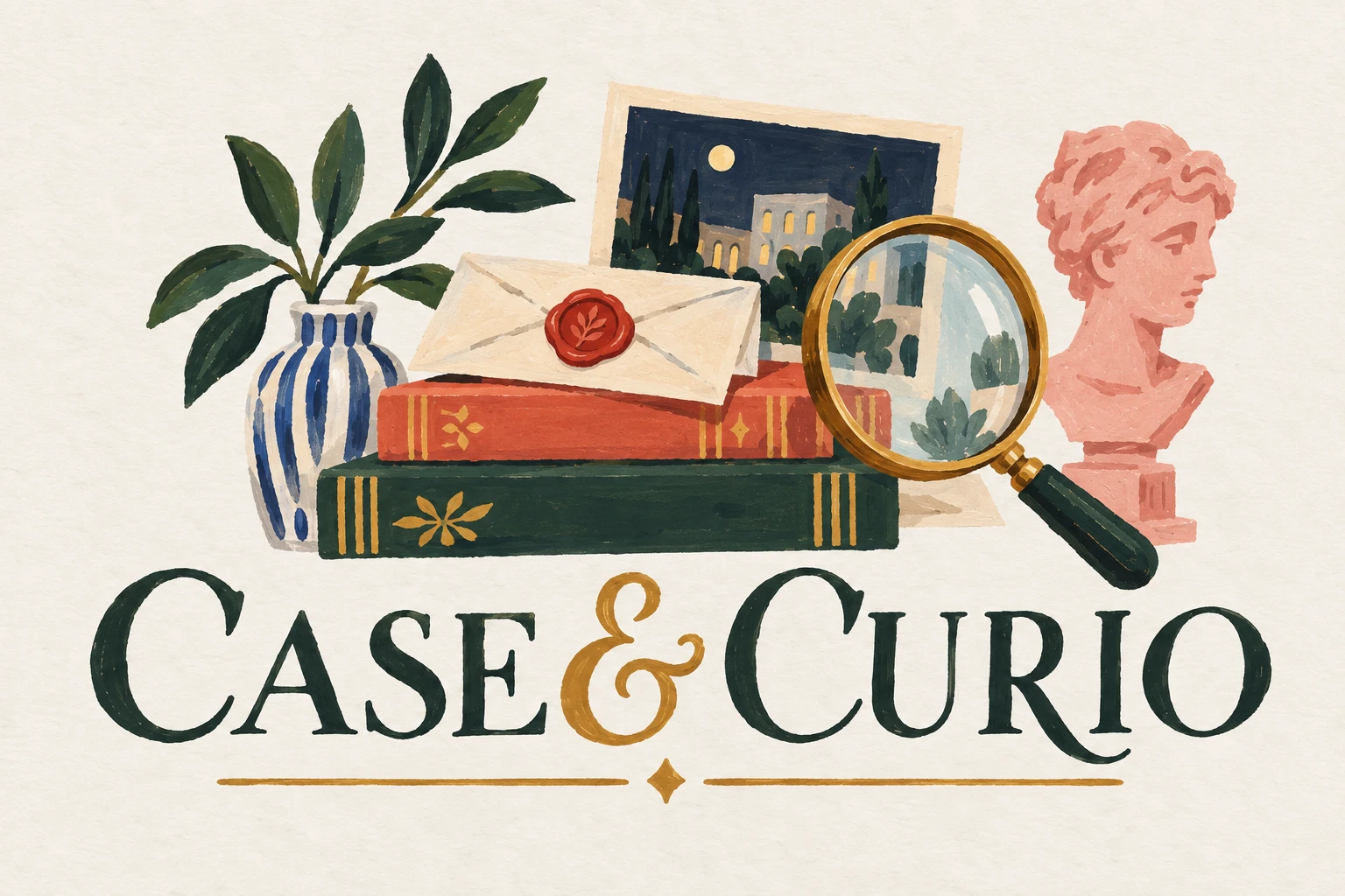 Case & Curio: a sealed envelope, books and a magnifying glass